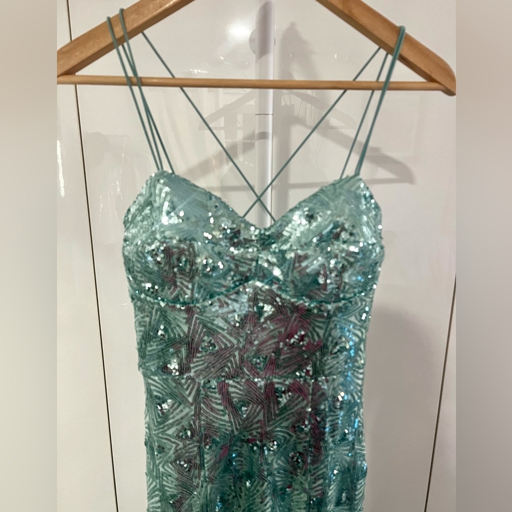 Speechless Seafoam Light Blue Sequin Maxi Slip Dress Size 3 Juniors Prom Gown - Picture 7 of 16